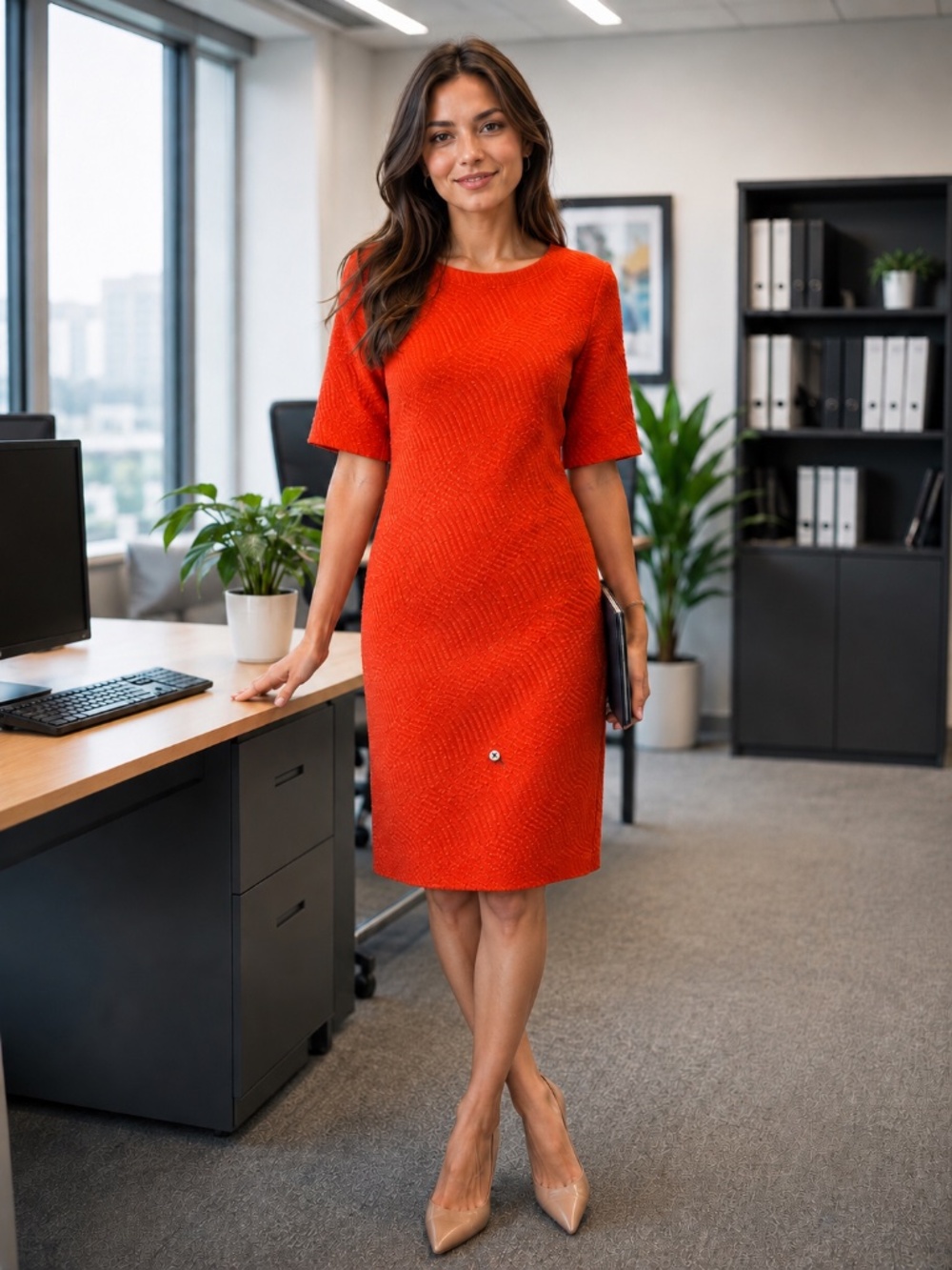 dressbarn Red-Orange Textured Midi Shift Dress with Short Sleeves. Size 12